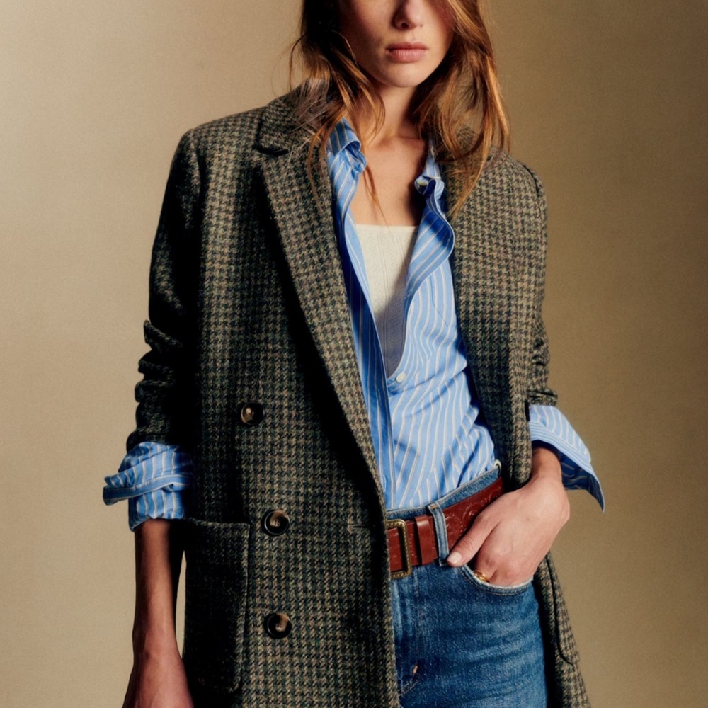 Sezane Houndstooth Blazer in Brown and Blue